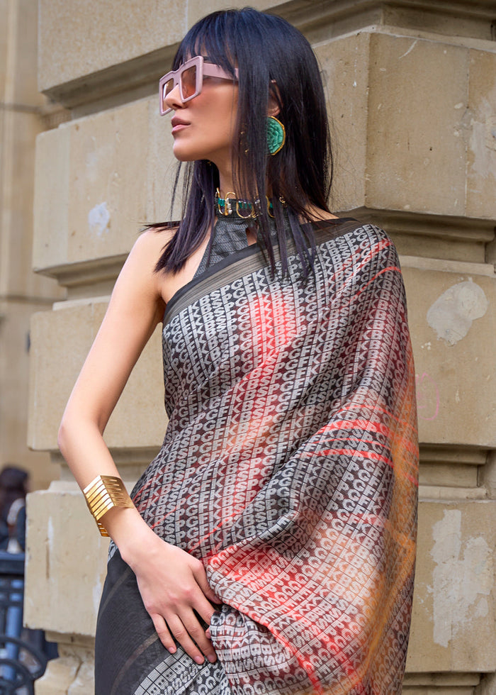 Black & Orange Digital Printed Poly Viscose Saree - qivii