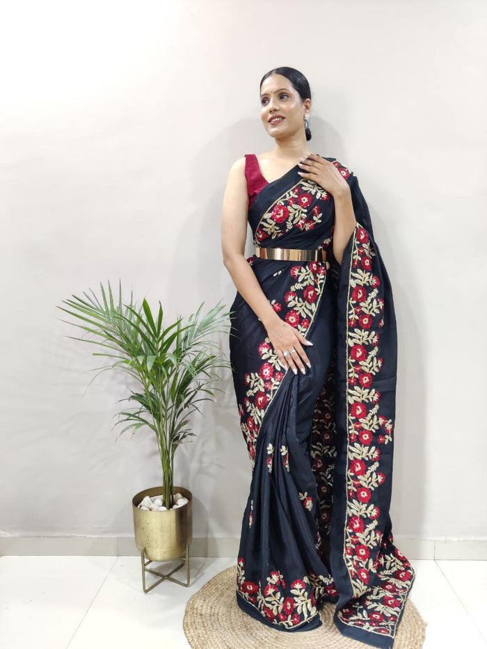 Black Premium Slub Silk Embellished With Beautiful Fancy Dori Work Saree - INSPIRED - qivii