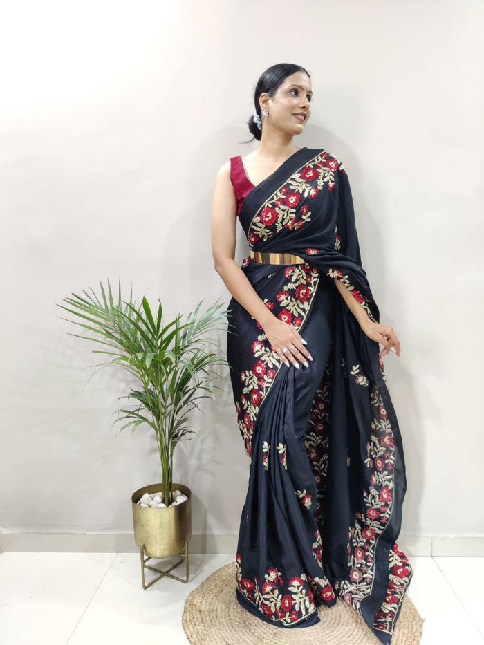 Black Premium Slub Silk Embellished With Beautiful Fancy Dori Work Saree - INSPIRED - qivii