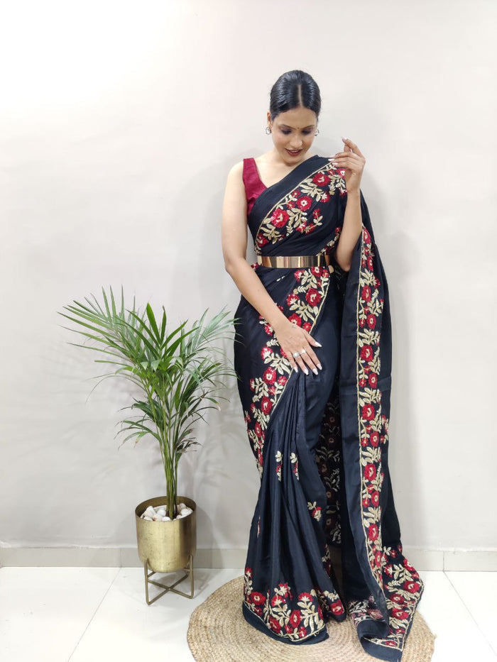 Black Premium Slub Silk Embellished With Beautiful Fancy Dori Work Saree - INSPIRED - qivii