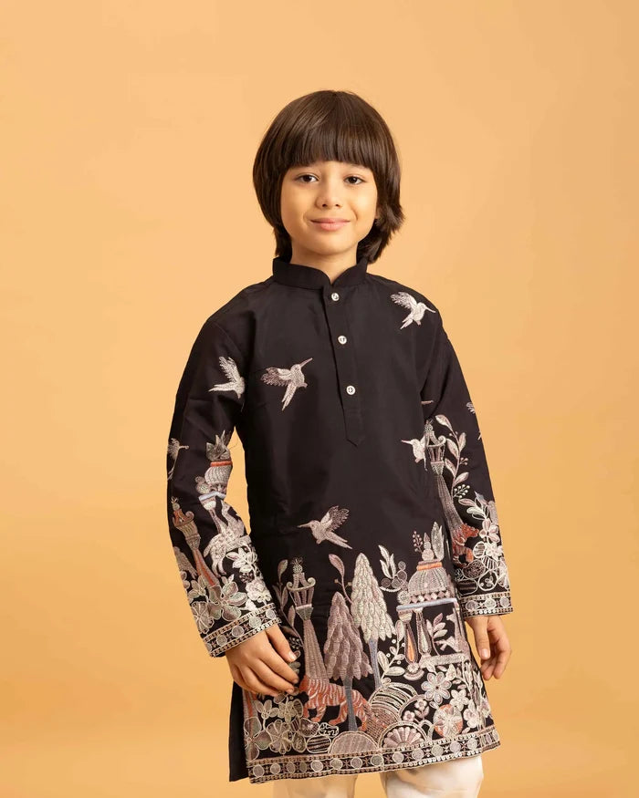 Black Thread Sequins Embroidery Work Kids Kurta Set