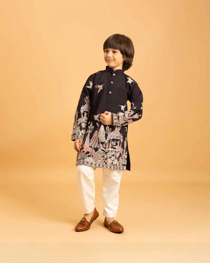 Black Thread Sequins Embroidery Work Kids Kurta Set