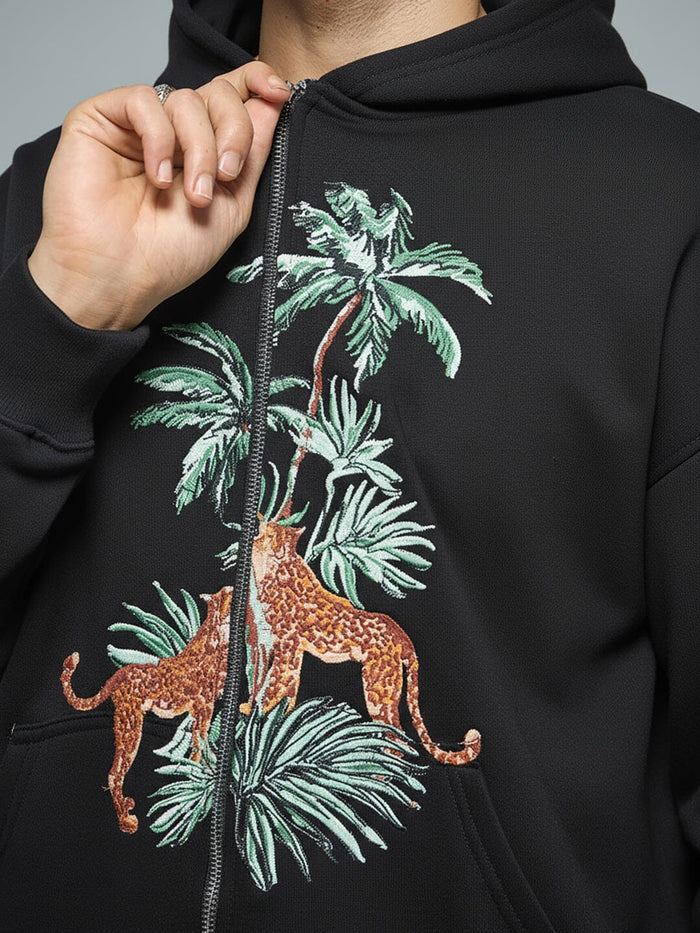 Black Tropical Tiger Embroidered Hoodie