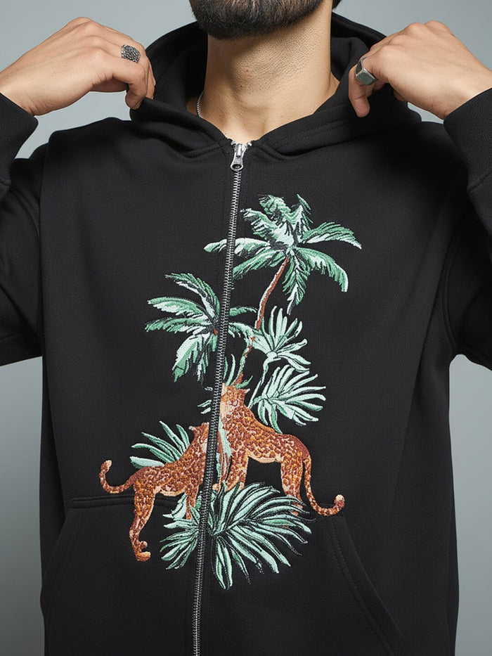 Black Tropical Tiger Embroidered Hoodie