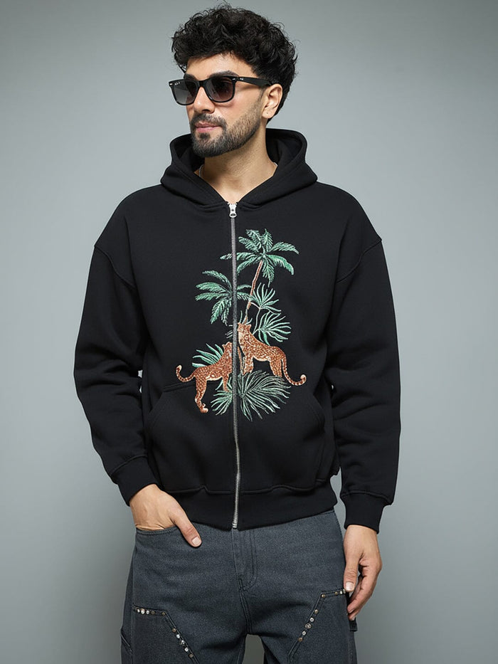 Black Tropical Tiger Embroidered Hoodie