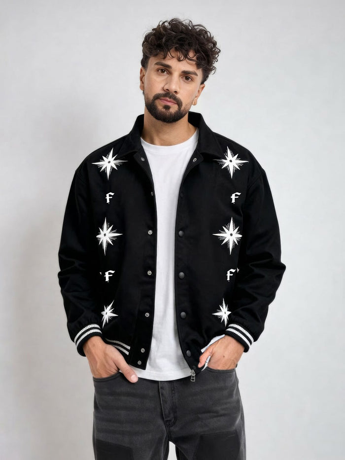 Black Twill Applique Bomber Jacket