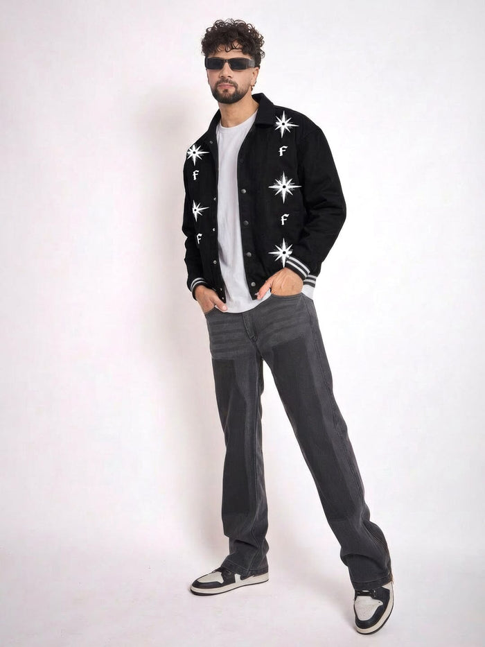 Black Twill Applique Bomber Jacket