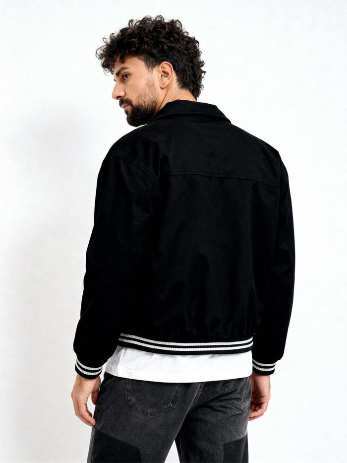 Black Twill Applique Bomber Jacket