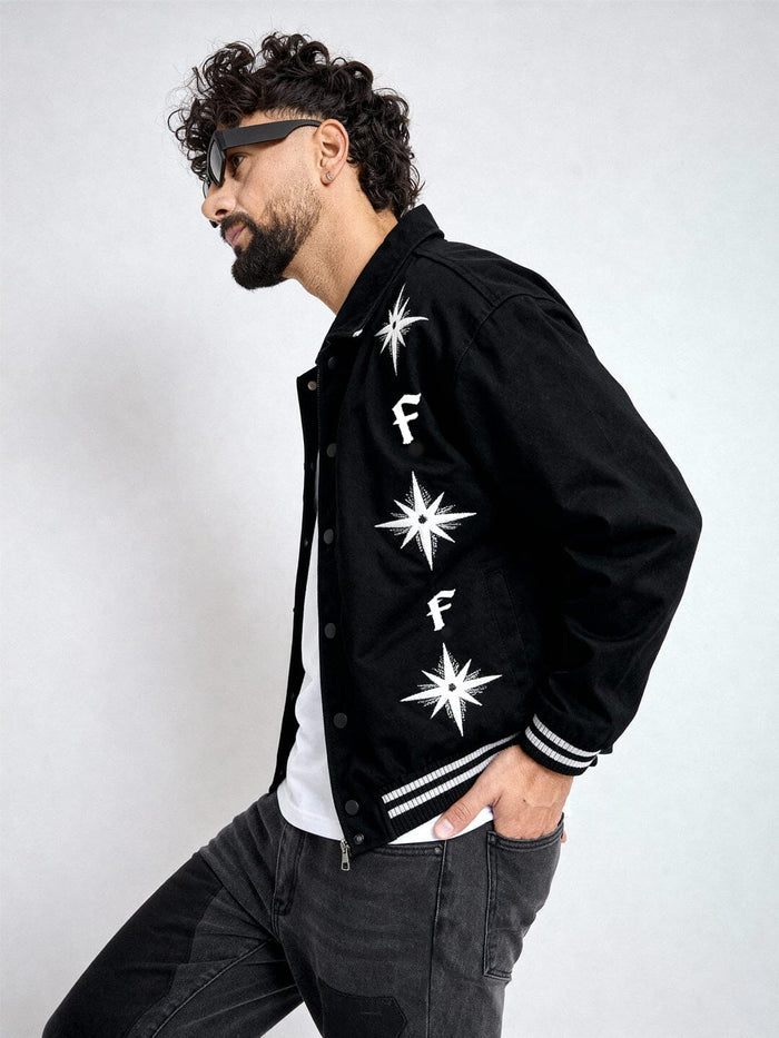 Black Twill Applique Bomber Jacket