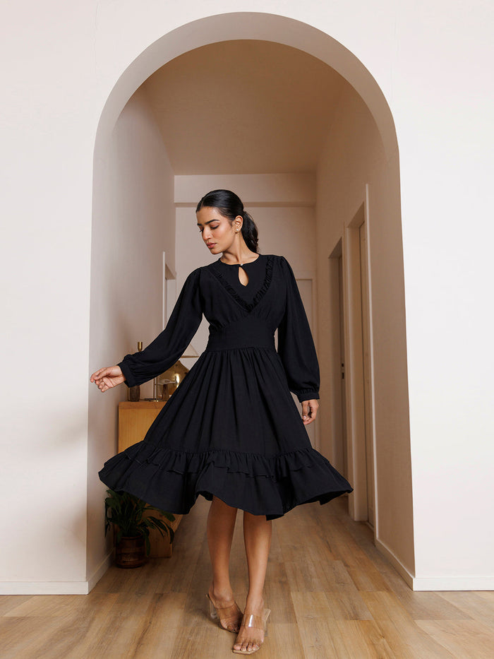 Black Velvet Petunia Cotton Midi Dress