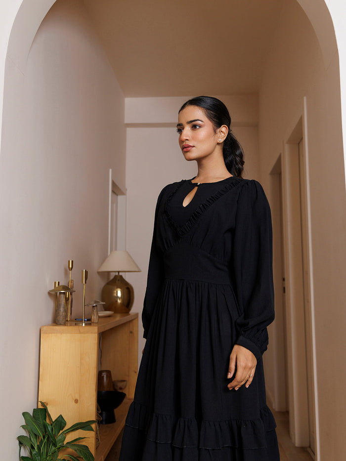 Black Velvet Petunia Cotton Midi Dress