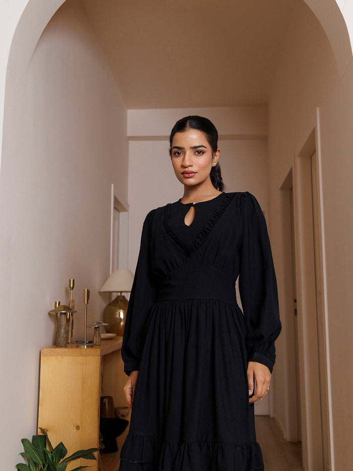 Black Velvet Petunia Cotton Midi Dress