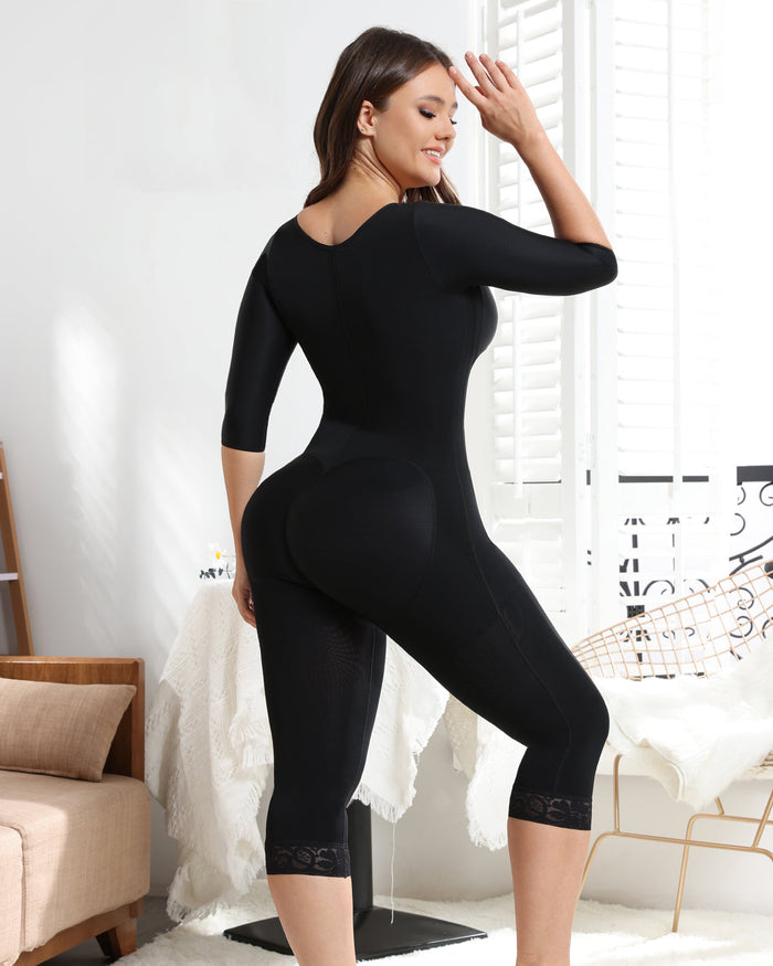 Black Women's Mid-sleeveJumpsuit with Tummy Control Butt Lift Shapewear - By Qivii