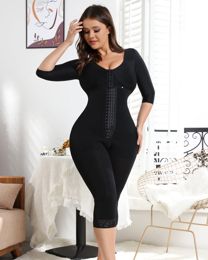 Black Women's Mid-sleeveJumpsuit with Tummy Control Butt Lift Shapewear - By Qivii