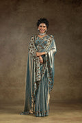 Blue Two Tone Satin Silk With Zarkan & Applique Sequence Cut Work Border Saree - qivii