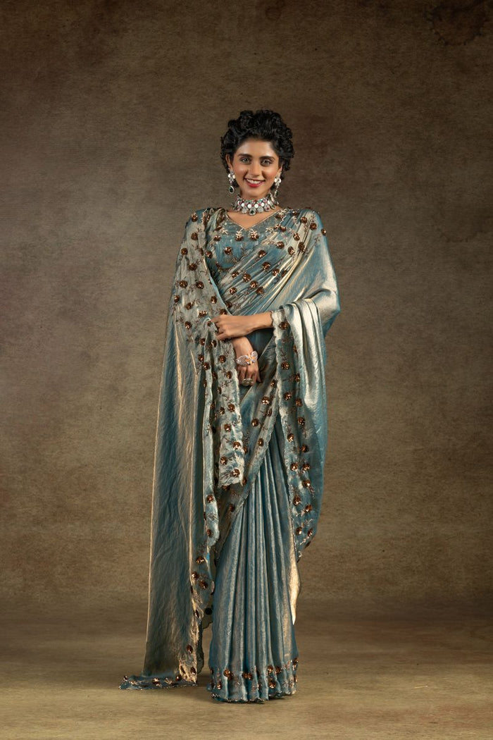 Blue Two Tone Satin Silk With Zarkan & Applique Sequence Cut Work Border Saree - qivii