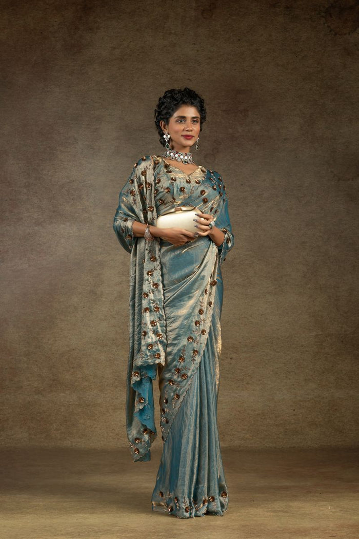Blue Two Tone Satin Silk With Zarkan & Applique Sequence Cut Work Border Saree - qivii