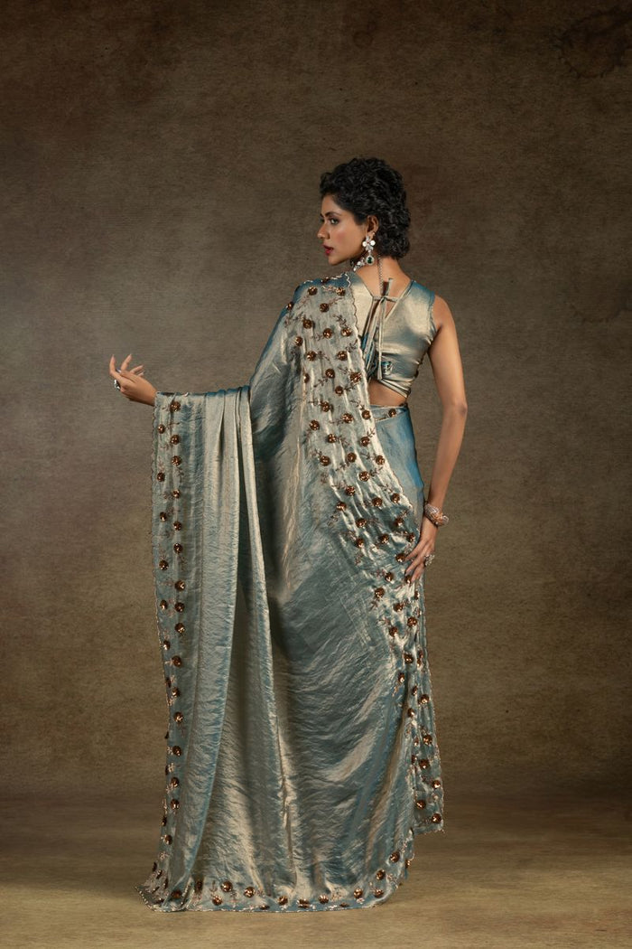 Blue Two Tone Satin Silk With Zarkan & Applique Sequence Cut Work Border Saree - qivii