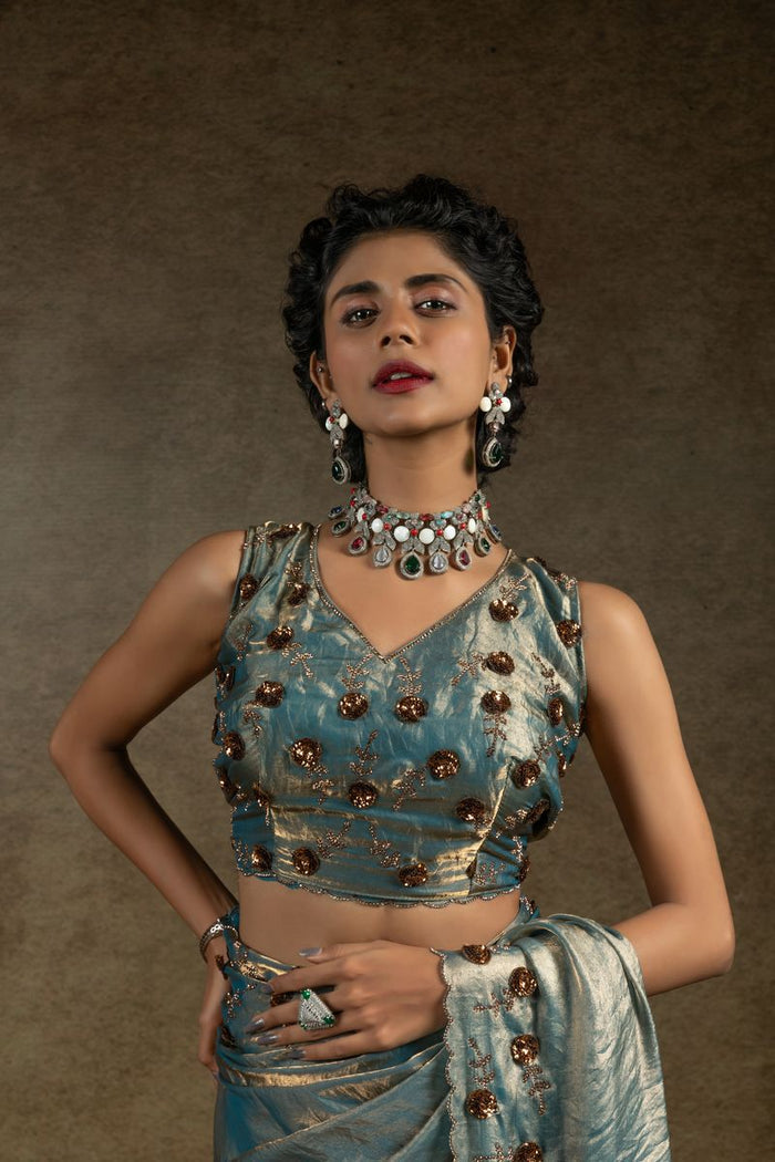 Blue Two Tone Satin Silk With Zarkan & Applique Sequence Cut Work Border Saree - qivii