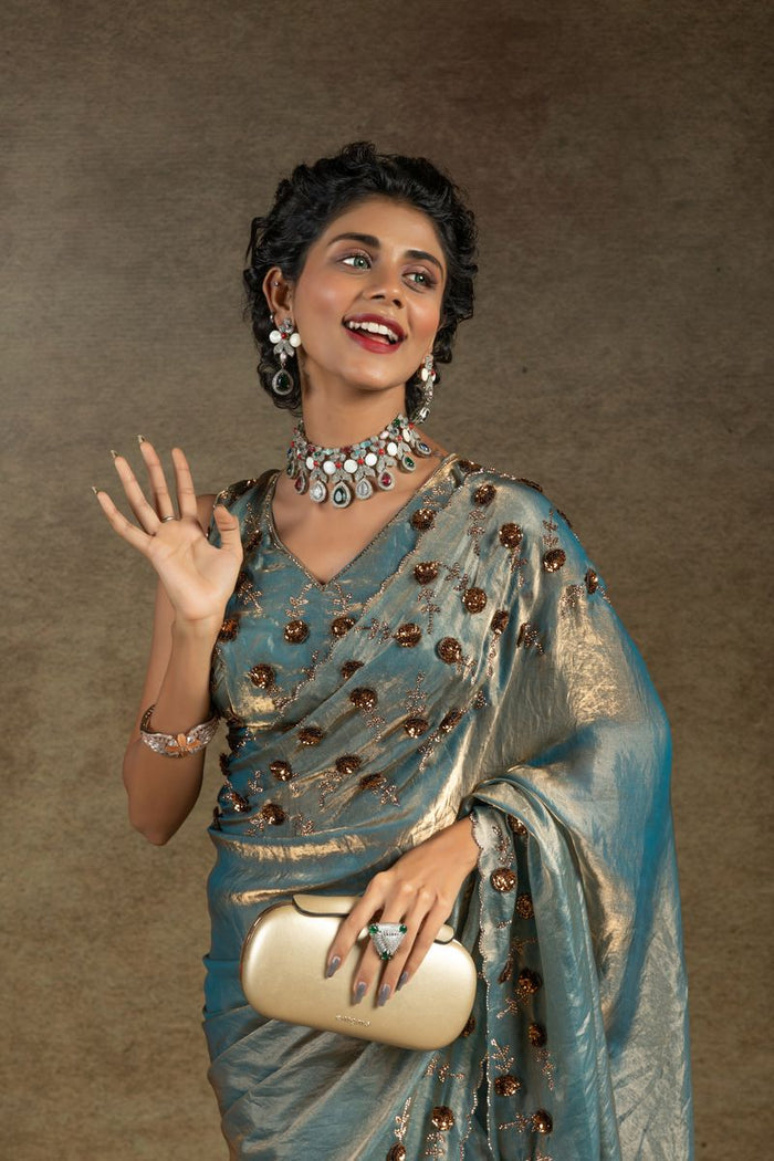 Blue Two Tone Satin Silk With Zarkan & Applique Sequence Cut Work Border Saree - qivii