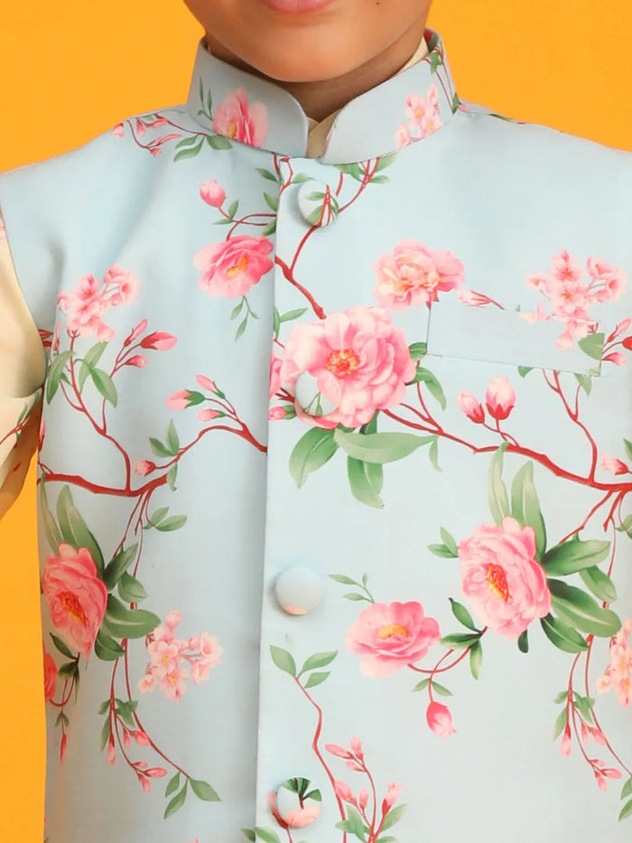Boy's Aqua Blue Jacket With Yellow Floral Printed Kurta With Cream Solid Pyjama Set