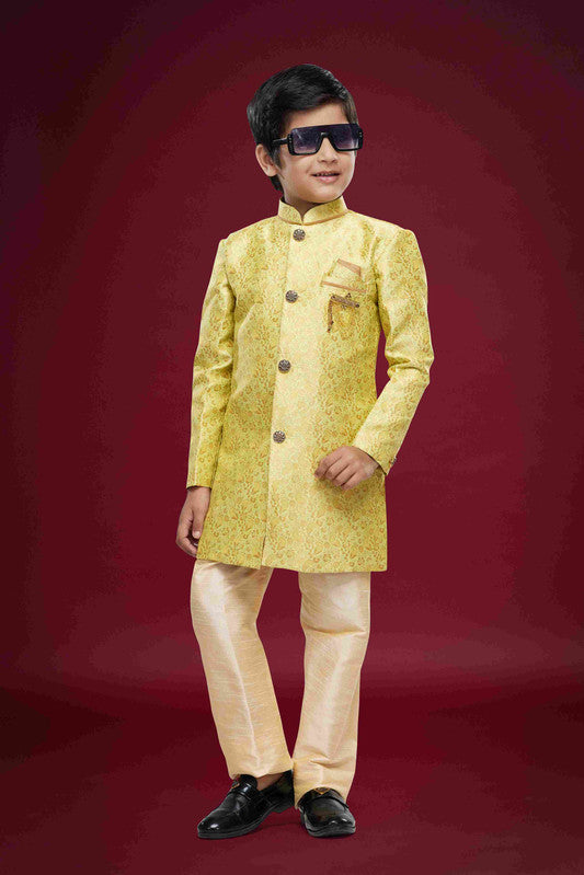 Boy's Beige Banarasi Jacquard Woven Work Indo Western Set