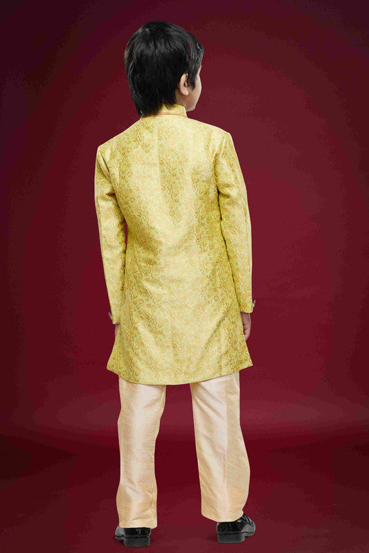 Boy's Beige Banarasi Jacquard Woven Work Indo Western Set