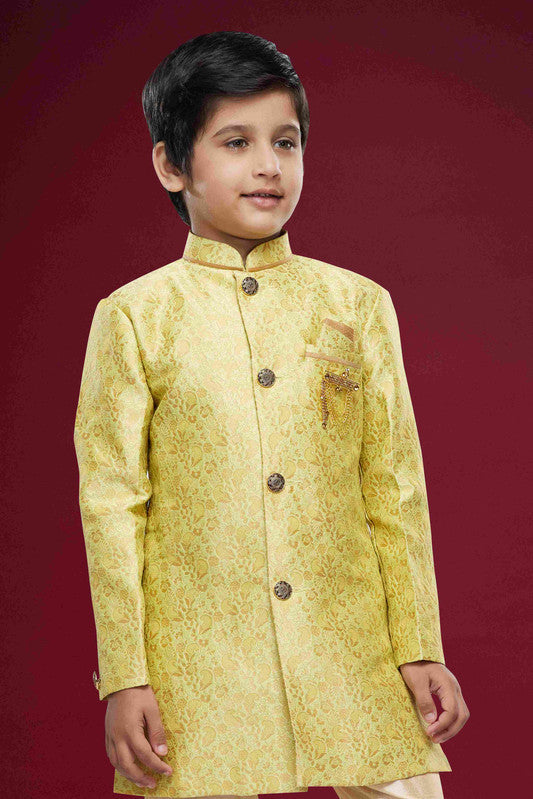 Boy's Beige Banarasi Jacquard Woven Work Indo Western Set
