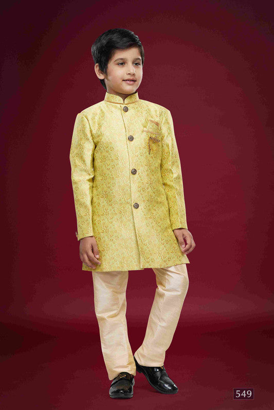 Boy's Beige Banarasi Jacquard Woven Work Indo Western Set
