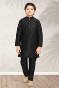Boy's Black Art Banarasi Silk Solid Kurta Set