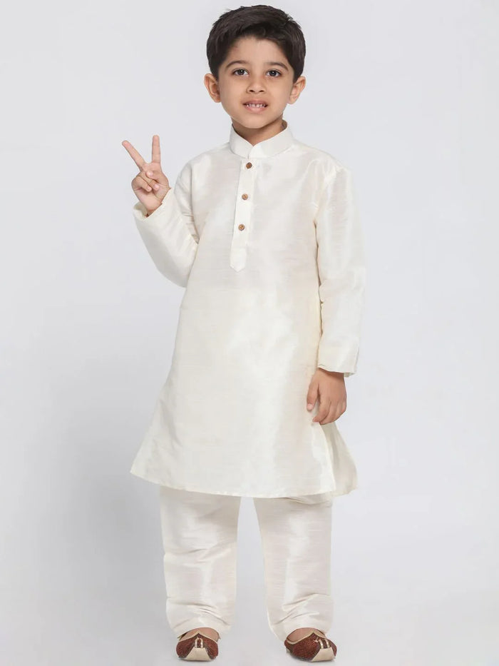 Boys' Cream Cotton Silk Blend Kurta and Pyjama Set