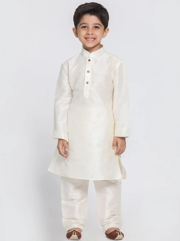 Boys' Cream Cotton Silk Blend Kurta and Pyjama Set