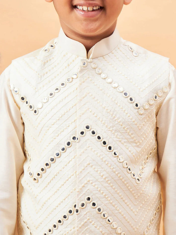 Boy's Cream Mirror Work Jacket And Solid Kurta Pyjama Set