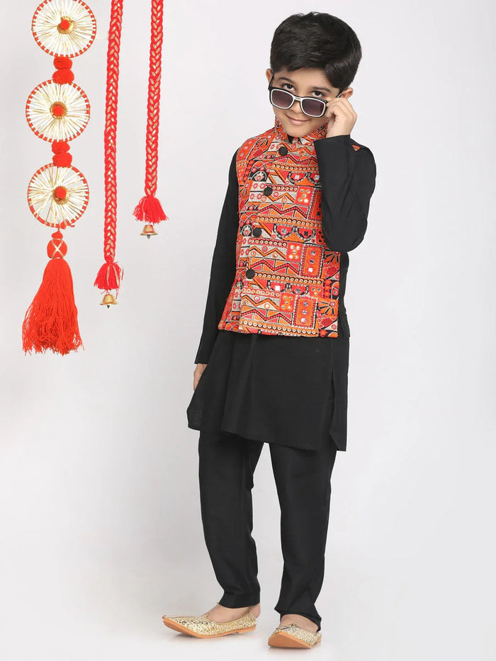 Boy's' Orange And Black Jacket, Kurta And Pyjama Set