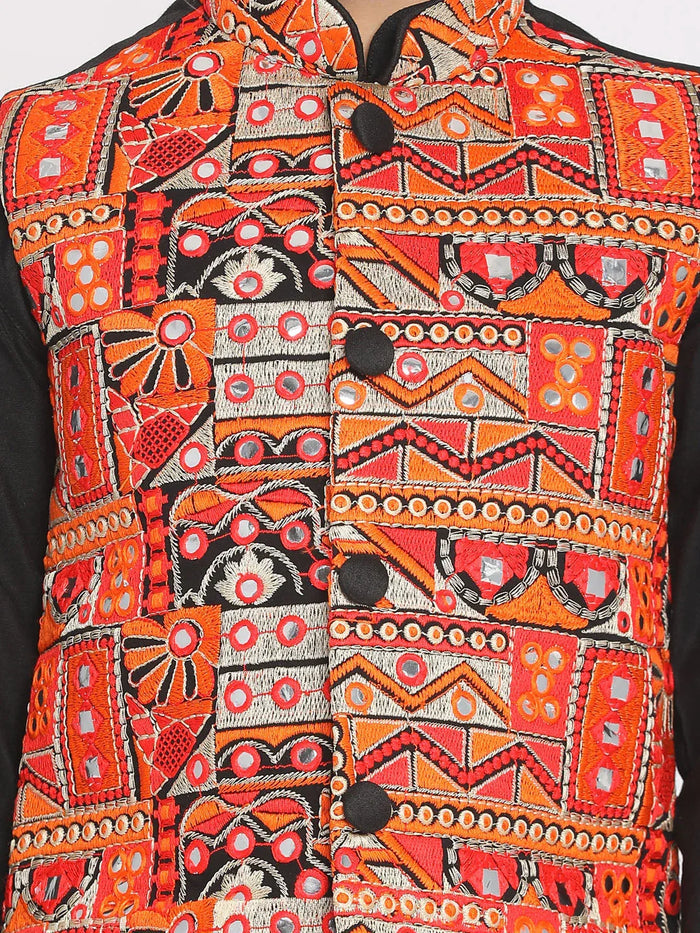 Boy's' Orange And Black Jacket, Kurta And Pyjama Set