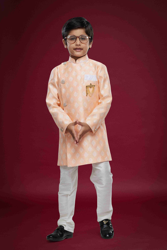 Boy's Peach Banarasi Jacquard Woven Work Indo Western Set