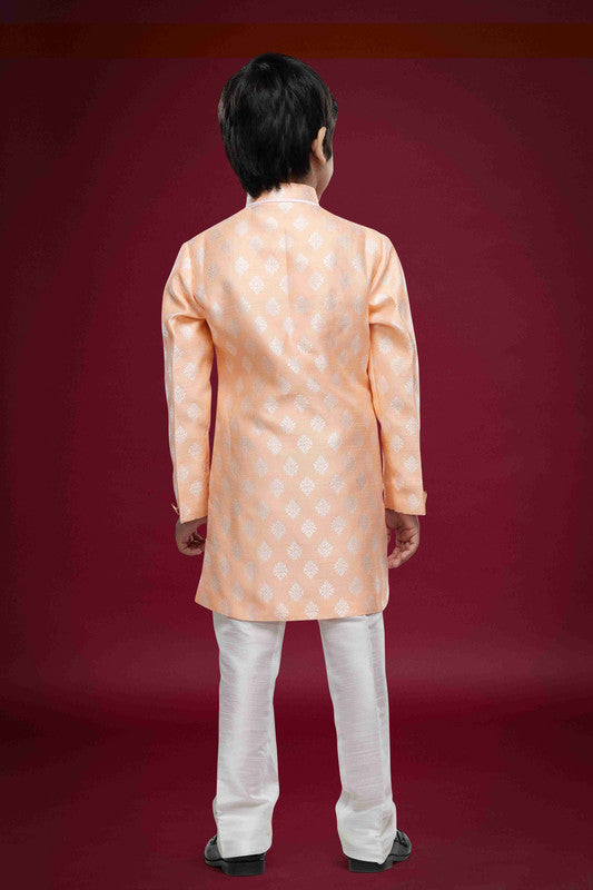 Boy's Peach Banarasi Jacquard Woven Work Indo Western Set