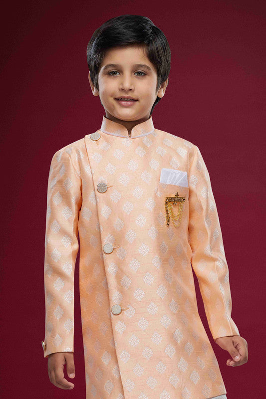 Boy's Peach Banarasi Jacquard Woven Work Indo Western Set
