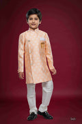 Boy's Peach Banarasi Jacquard Woven Work Indo Western Set