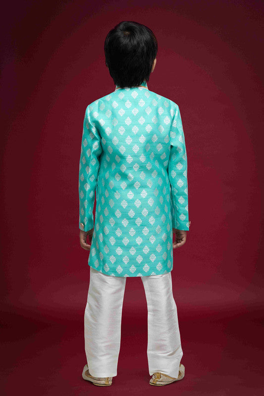 Boy's Sky Blue Banarasi Jacquard Woven Work Indo Western Set