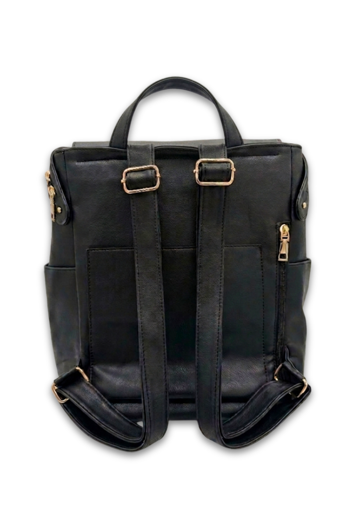The back of a black Modern+Chic Brielle 2.0 Vegan Leather Convertible Backpack Purse for Women with gold hardware on a white background.