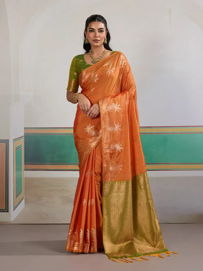 Bright Orange Tussar Silk Weaving Work Saree