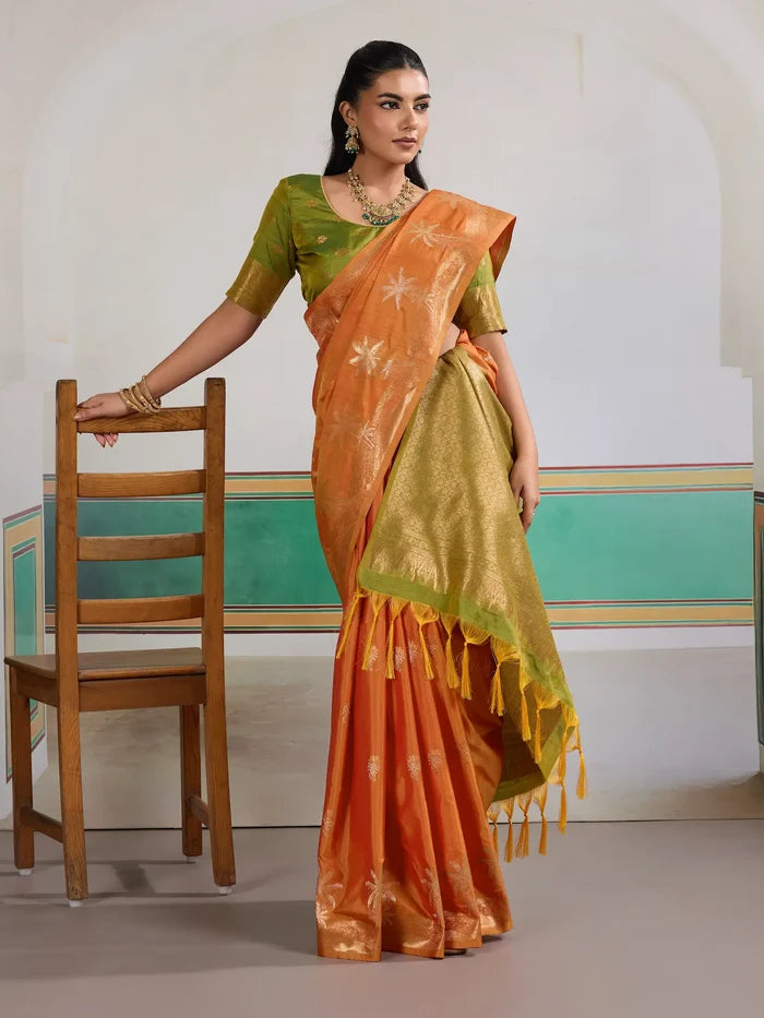 Bright Orange Tussar Silk Weaving Work Saree