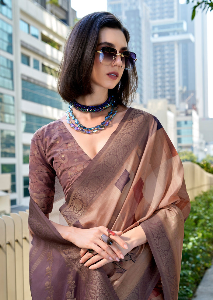 Brown Pure Handloom Mashoorm silk with Exclusive Print Saree - qivii