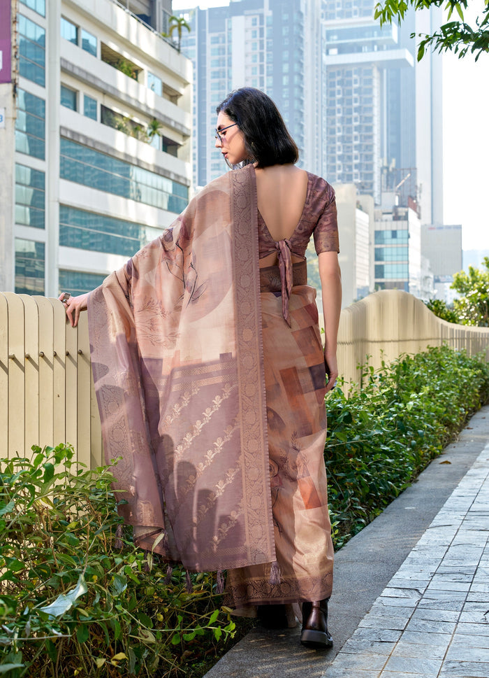 Brown Pure Handloom Mashoorm silk with Exclusive Print Saree - qivii