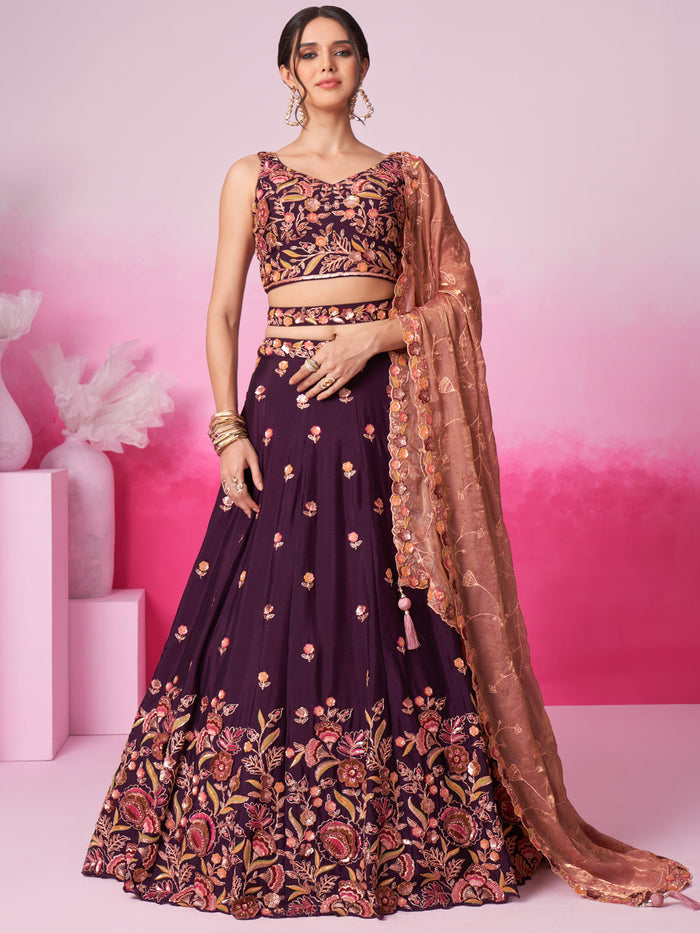 Burgundy - Golden Dull-Bright Sequin,Threaded,Zarkan Embroidered Organza Semi-Stitched Lehenga choli - qivii