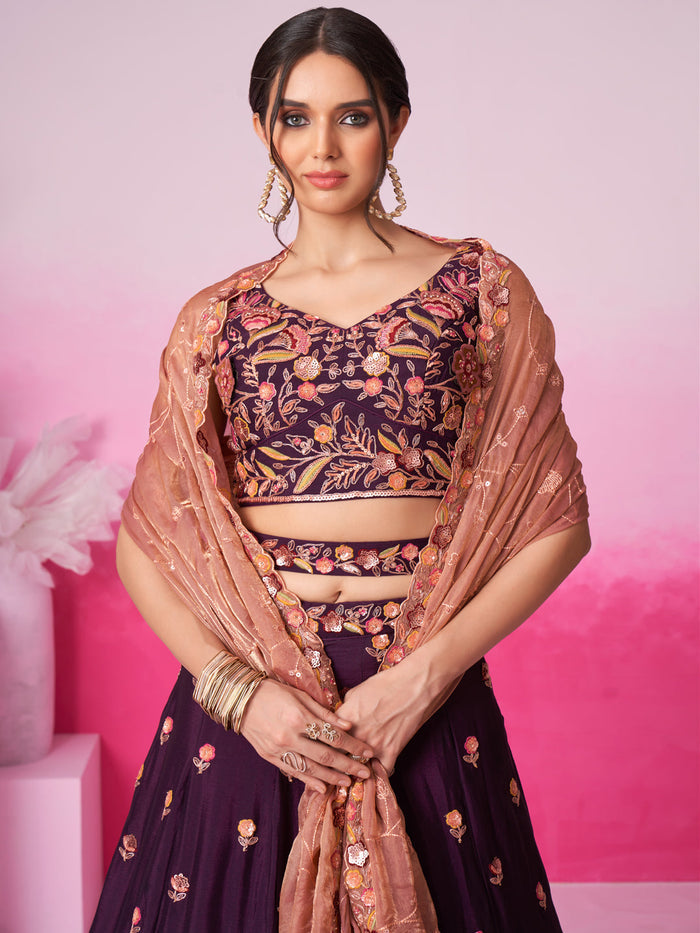Burgundy - Golden Dull-Bright Sequin,Threaded,Zarkan Embroidered Organza Semi-Stitched Lehenga choli - qivii