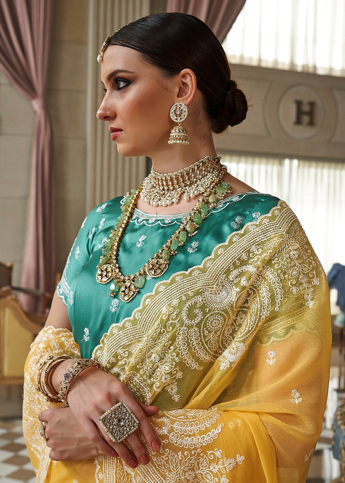 Cadium Yellow Fancy Tissue Saree With Unique Work And Designer Blouse - qivii