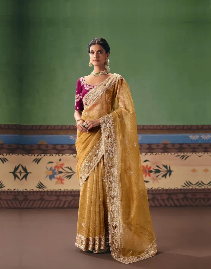 Caramel Gold Heavy Embroidered Saree