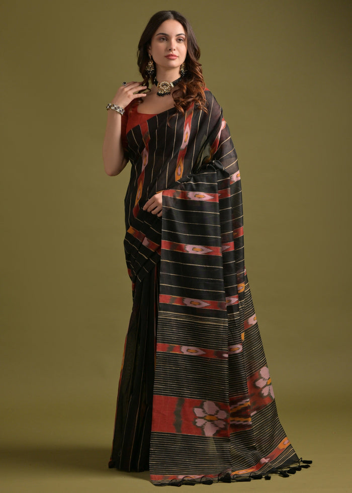 Carbon Black Soft Ikkat Cotton Printed Saree - qivii